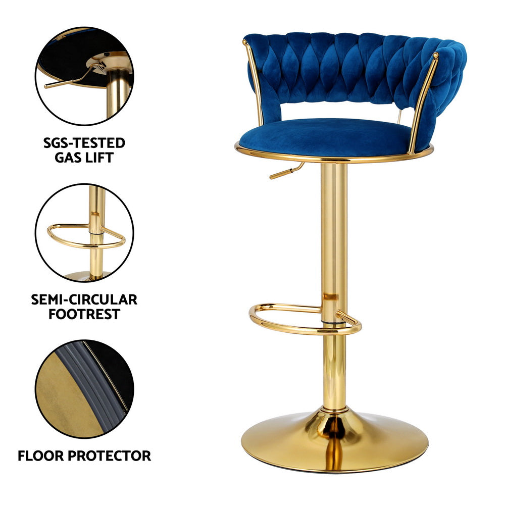 Artiss Vivien - 1 x Bar Stool Dining Chairs Gas Lift Velvet Woven Padded - Blue