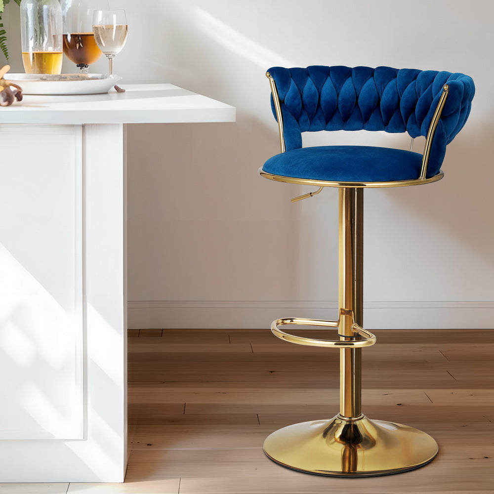 Artiss Vivien - 1 x Bar Stool Dining Chairs Gas Lift Velvet Woven Padded - Blue