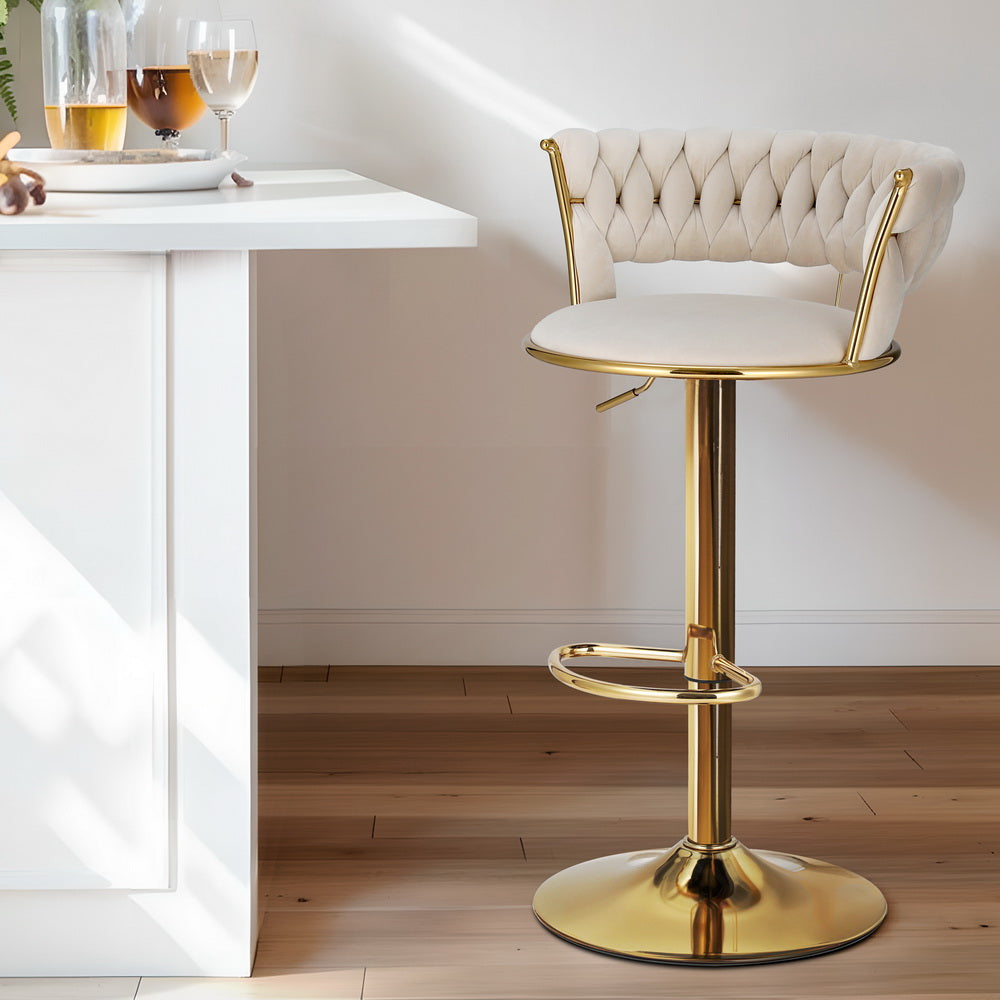Artiss Vivien - 1 x Bar Stool Dining Chairs Gas Lift Velvet Woven Backrest - Ivory