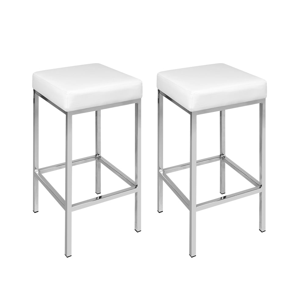 Artiss Delux Set of 2 PU Leather Backless Bar Stools - White and Chrome