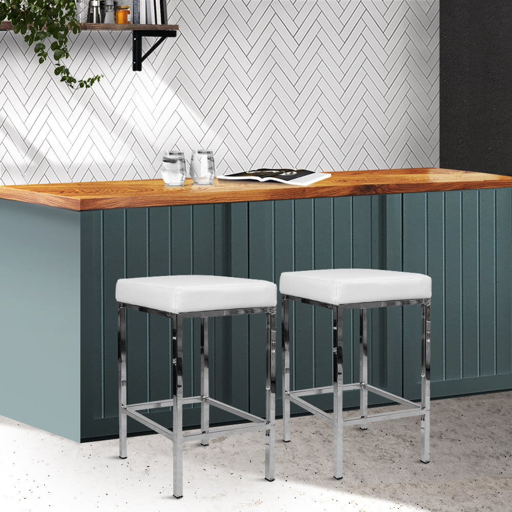 Artiss Delux Set of 2 PU Leather Backless Bar Stools - White and Chrome