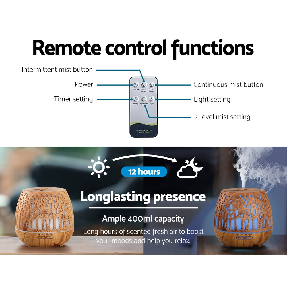 Devanti Aroma Diffuser Essential Oil Ultrasonic Cool Mist Wood Grain Remote Control 400ml