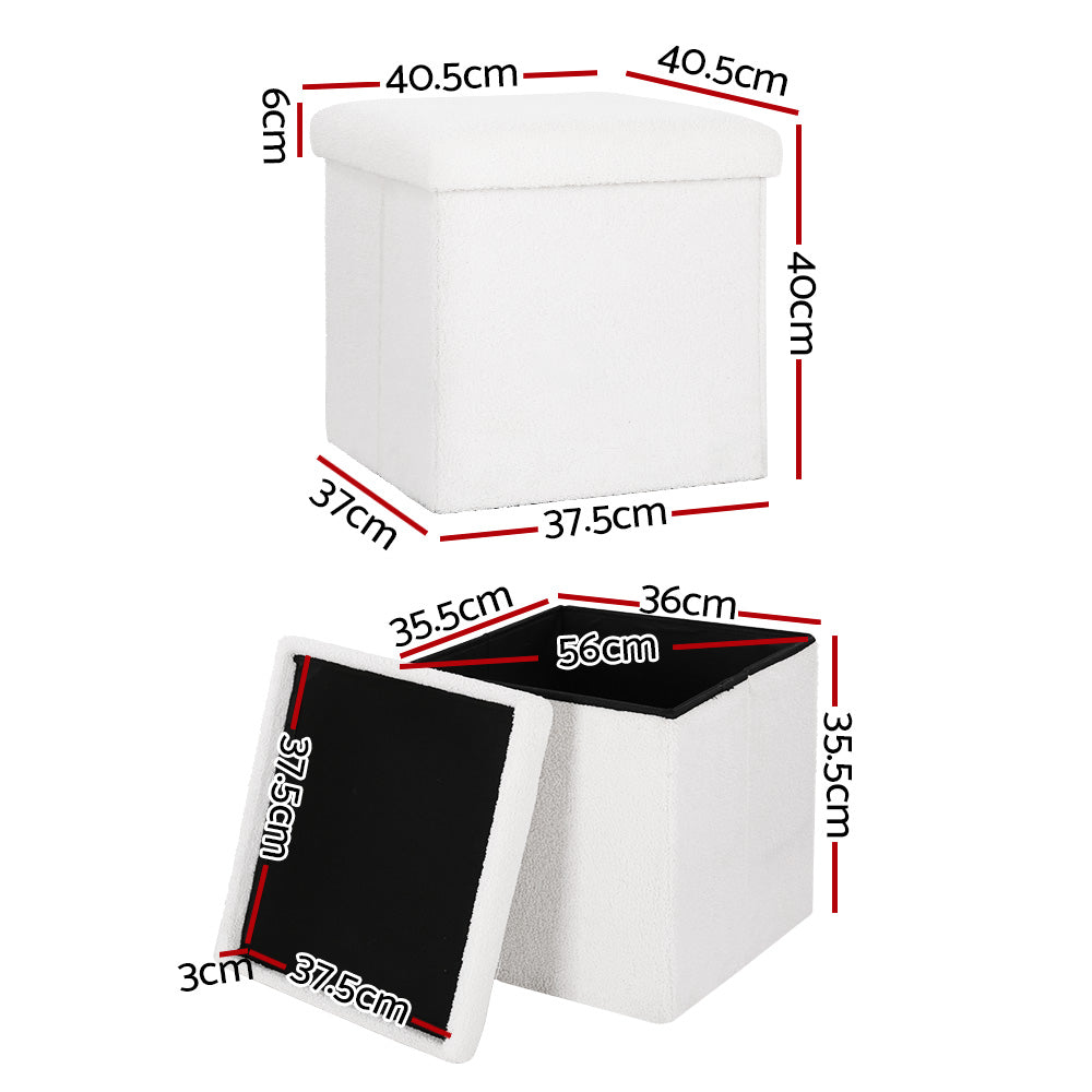 Artiss Janeska Square Foot Stool Teddy Fabric Storage Ottoman Padded Seat White