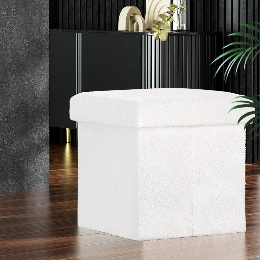 Artiss Janeska Square Foot Stool Teddy Fabric Storage Ottoman Padded Seat White