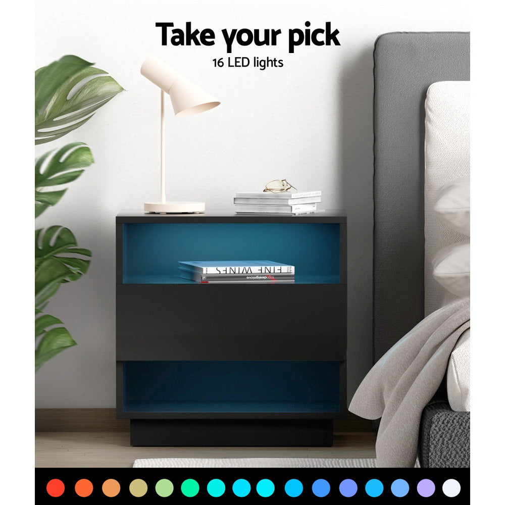 Artiss Hana Bedside Table RGB LED High Gloss Black