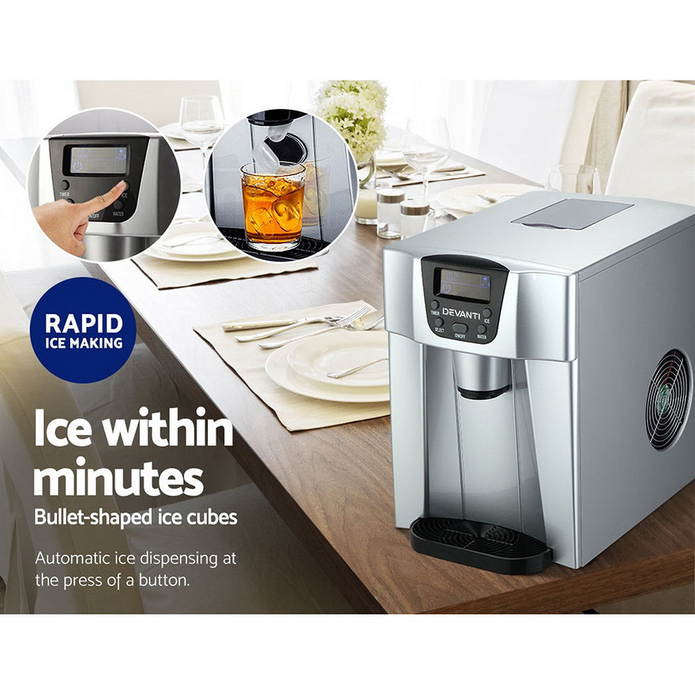 Devanti 2L Portable Ice Cube Maker & Water Dispenser - Silver