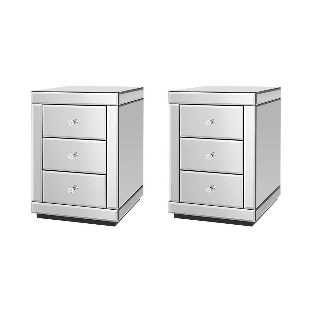 Artiss Presia x2 Bedside Table 3 Drawers Mirrored - Silver