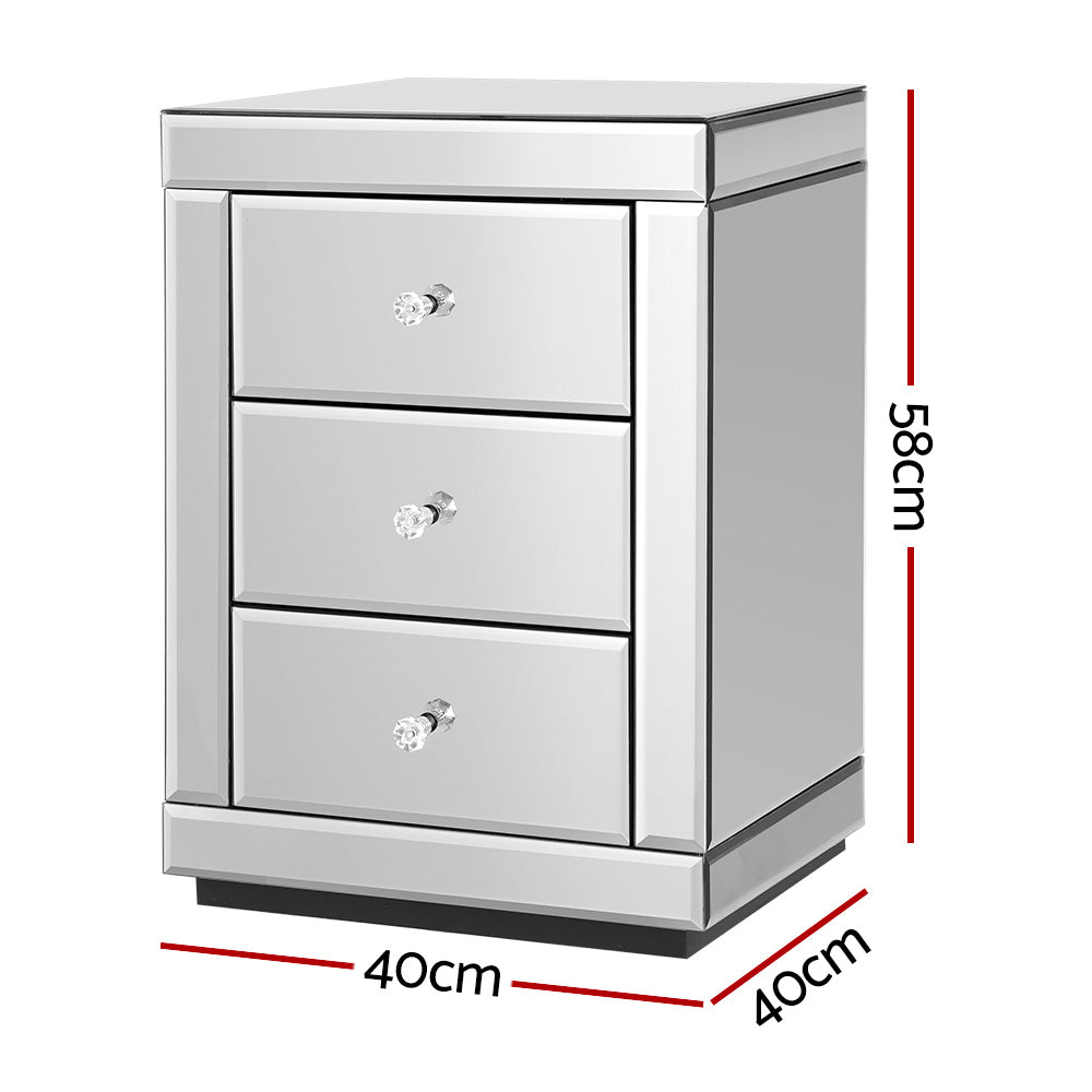 Artiss Presia x2 Bedside Table 3 Drawers Mirrored - Silver
