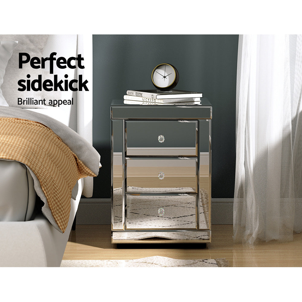 Artiss Presia x2 Bedside Table 3 Drawers Mirrored - Silver