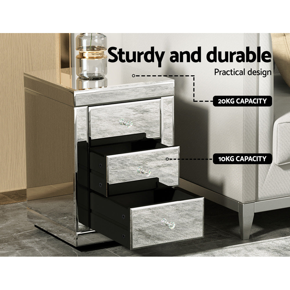 Artiss Presia x2 Bedside Table 3 Drawers Mirrored - Silver