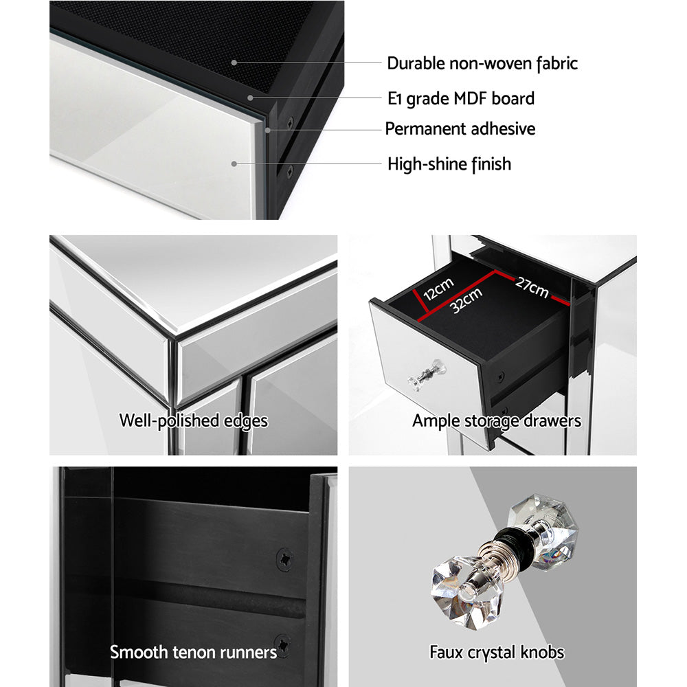 Artiss Presia x2 Bedside Table 3 Drawers Mirrored - Silver