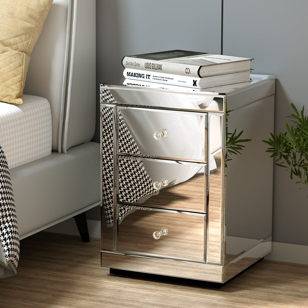 Artiss Presia x2 Bedside Table 3 Drawers Mirrored - Silver