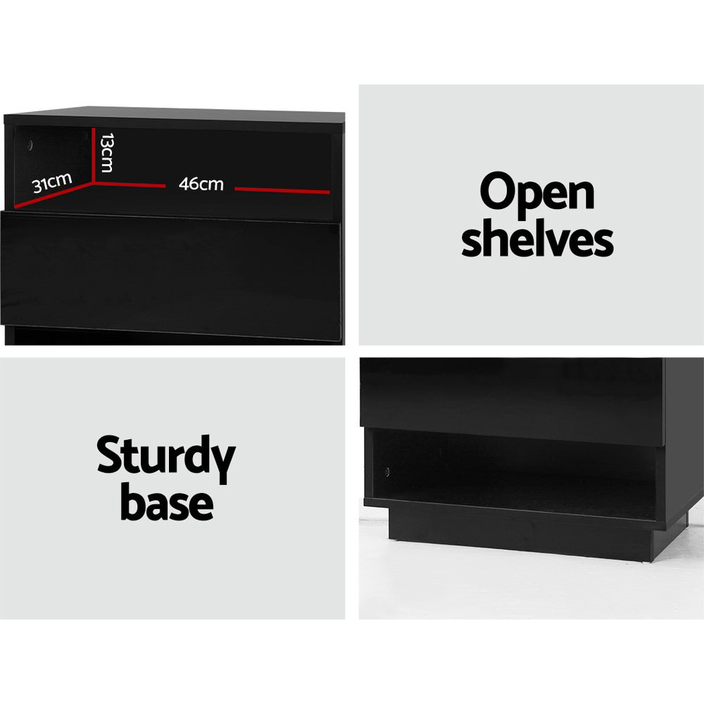 Artiss Hana Bedside Table RGB LED High Gloss Black