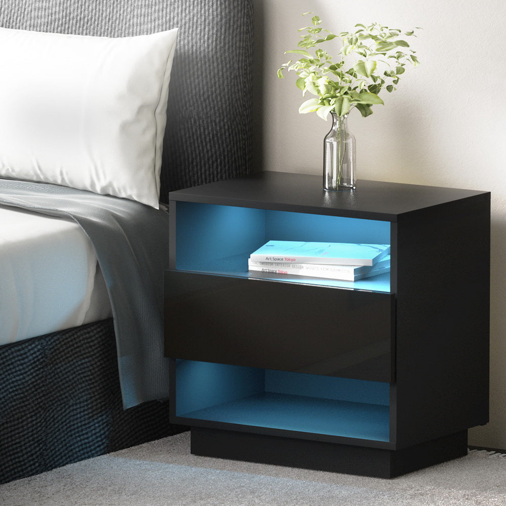 Artiss Hana Bedside Table RGB LED High Gloss Black