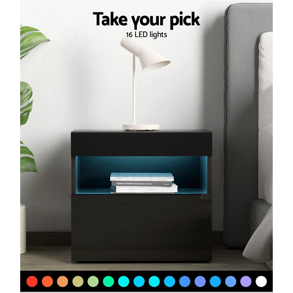 Artiss Heres Bedside Tables RGB LED High Gloss Black