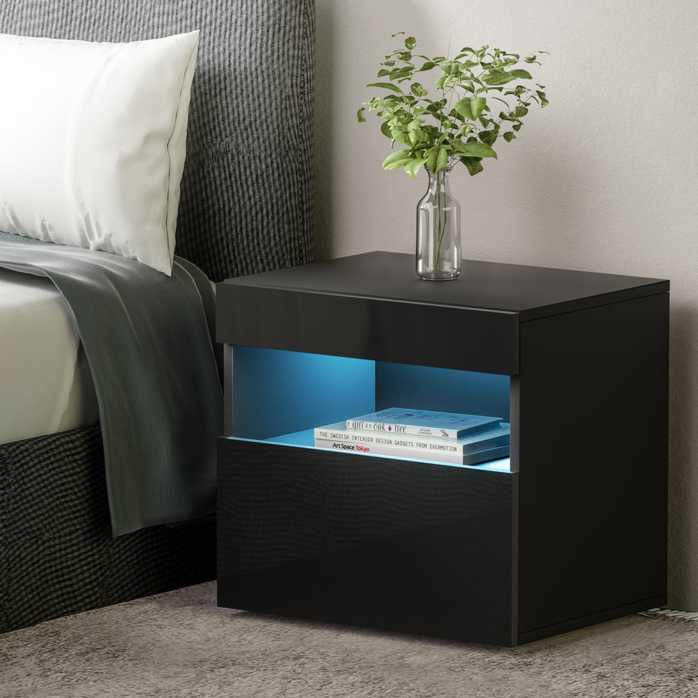 Artiss Heres Bedside Tables RGB LED High Gloss Black