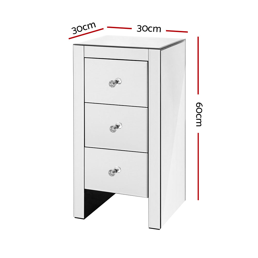 Artiss Quenn Bedside Table 3 Drawers Mirrored - Silver