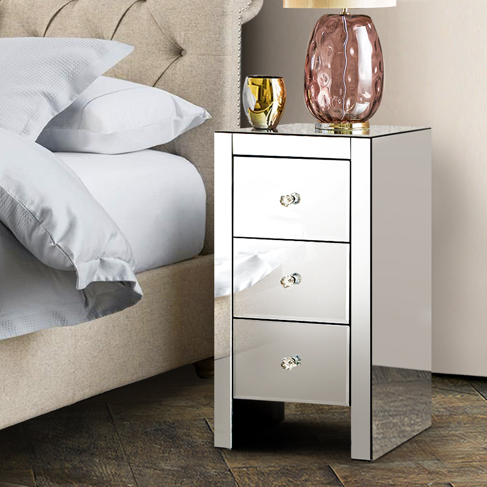 Artiss Quenn Bedside Table 3 Drawers Mirrored - Silver