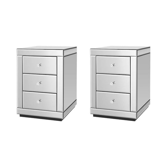 Artiss Presia x2 Bedside Table 3 Drawers Mirrored - Silver
