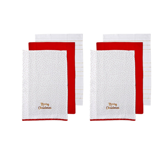 Ladelle Joyful Merry Christmas Set of 6 Cotton Kitchen Tea Towels Red
